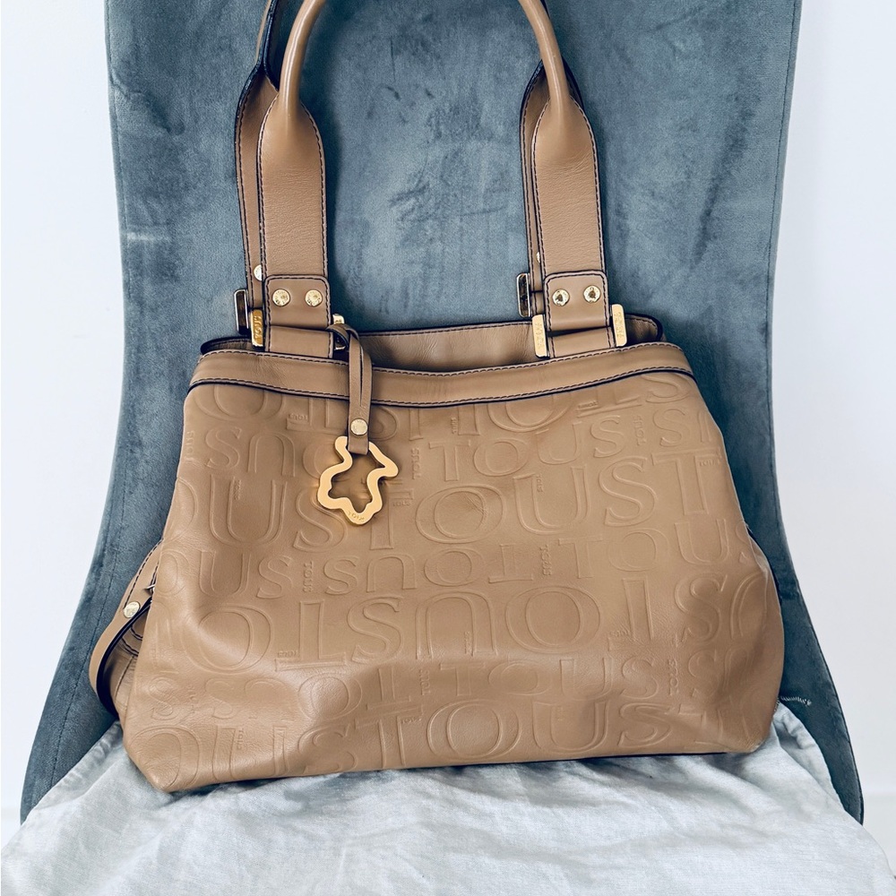 Tous Tan Pebbled Shoulder Bag with Gold Charm